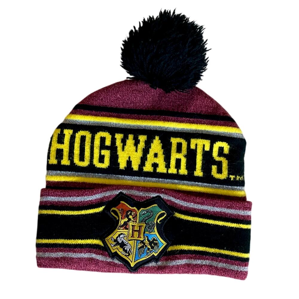 Harry Potter Hogwarts Unisex Beanie Pompom OS Adult Black Maroon Yellow Hat